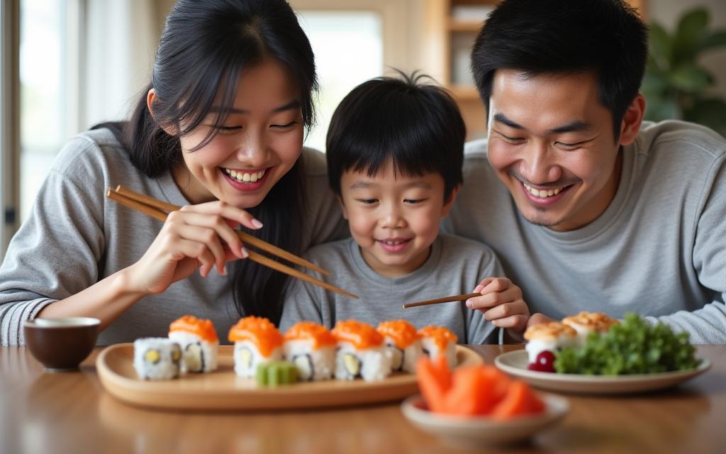 日本の家庭で家族が新鮮な寿司の盛り合わせを楽しんでいる様子